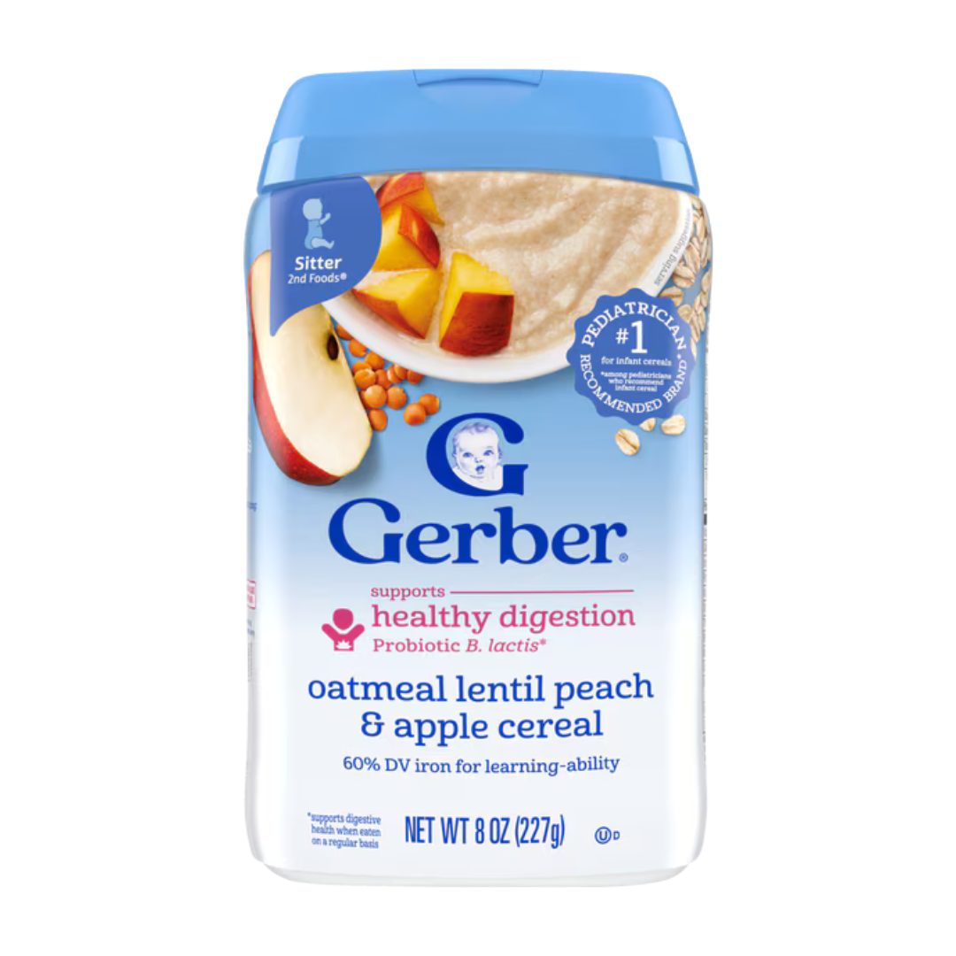img_7344 Gerber Probiotic Cereal Oatmeal Lentil Peach and Apple (6-8m) 227g - Image 1